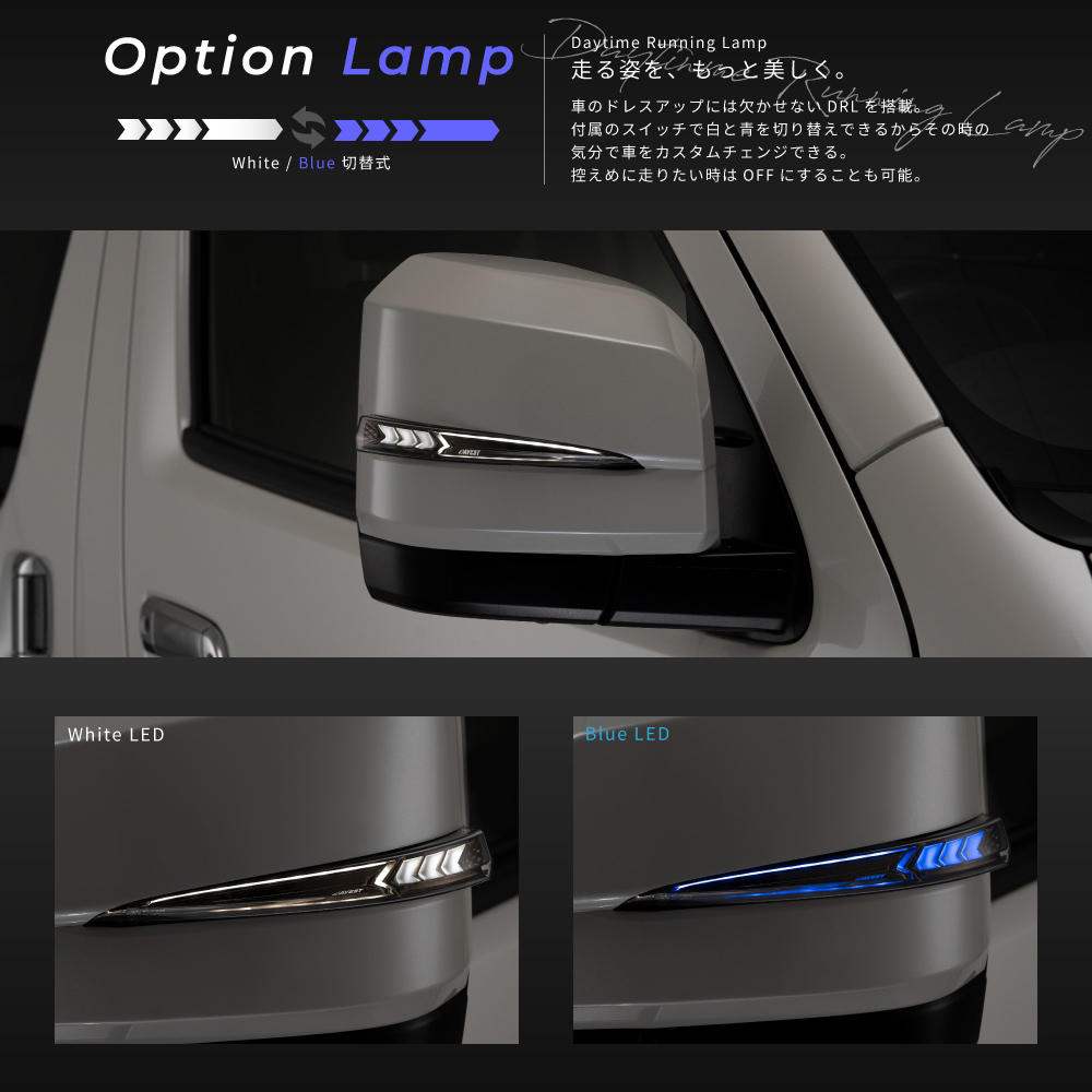 ハイエース 6型~現行モデル用 “流れる”LEDドアミラーウィンカー Typeα